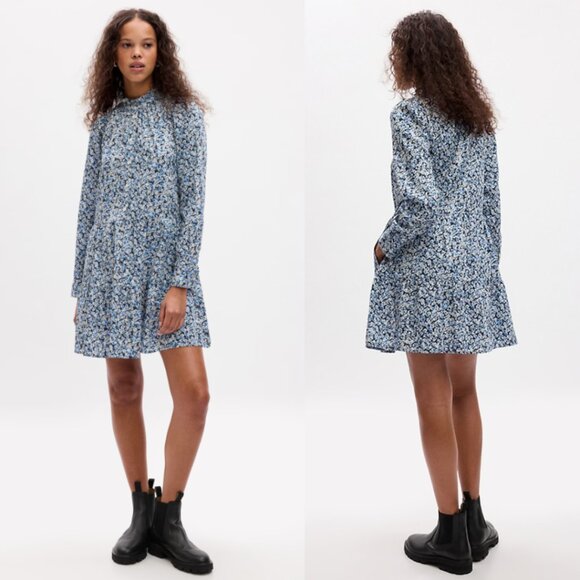 BNWT GAP Blue Floral Tiered Mini Cotton Shirt Dress Womens Small Boho Preppy - Picture 1 of 7
